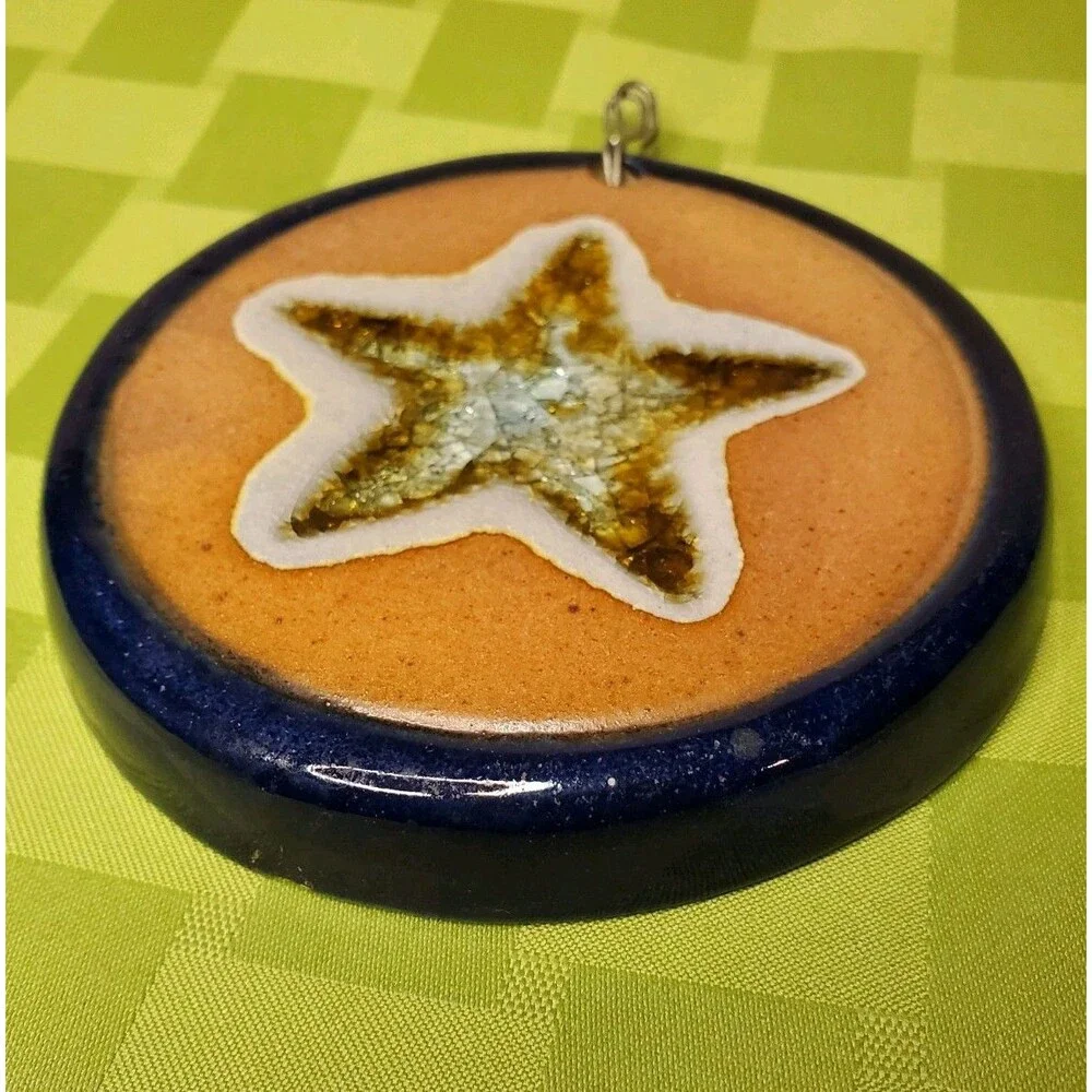 Vtg Pottery Starfish Buck Studio 2000 Blue Crackle Glass Star Wall Medallion Sea